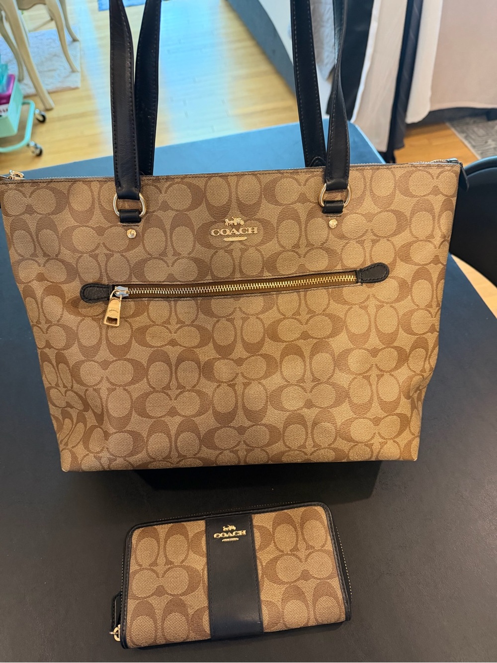 Coach Brown Signature Canvas Tote with Matching Wallet